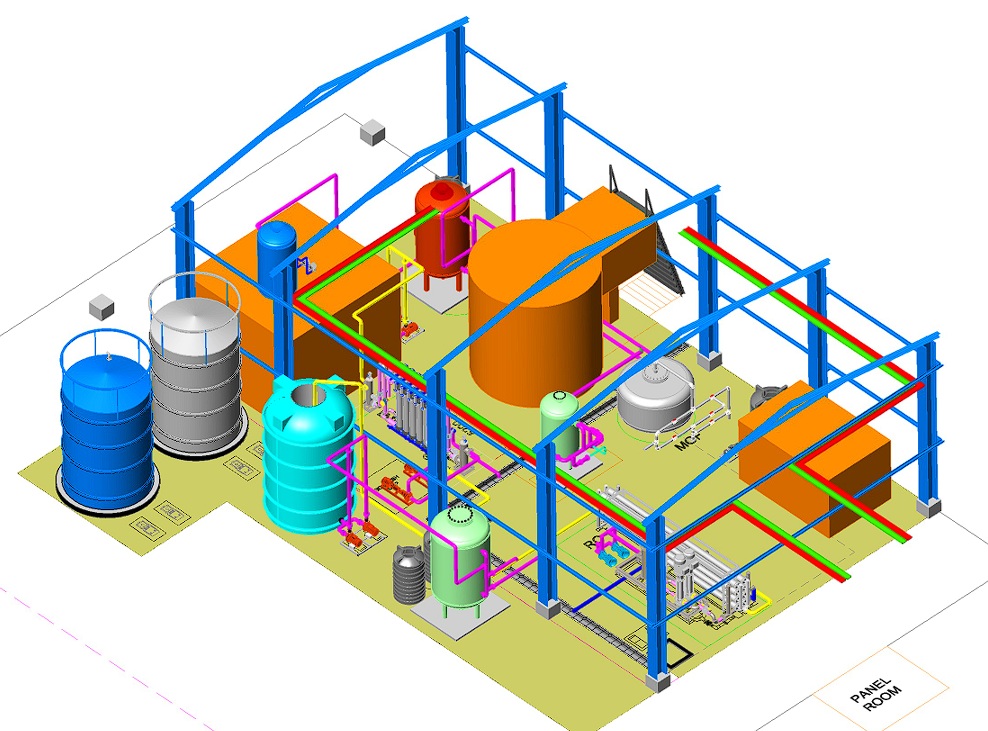 Advanced Process Plant 3D Modelling of an industrial Reverse Osmosis (RO) plant featuring detailed piping layout, pressure vessels, mechanical components, and structural supports highlighted for engineering accuracy and fabrication planning."