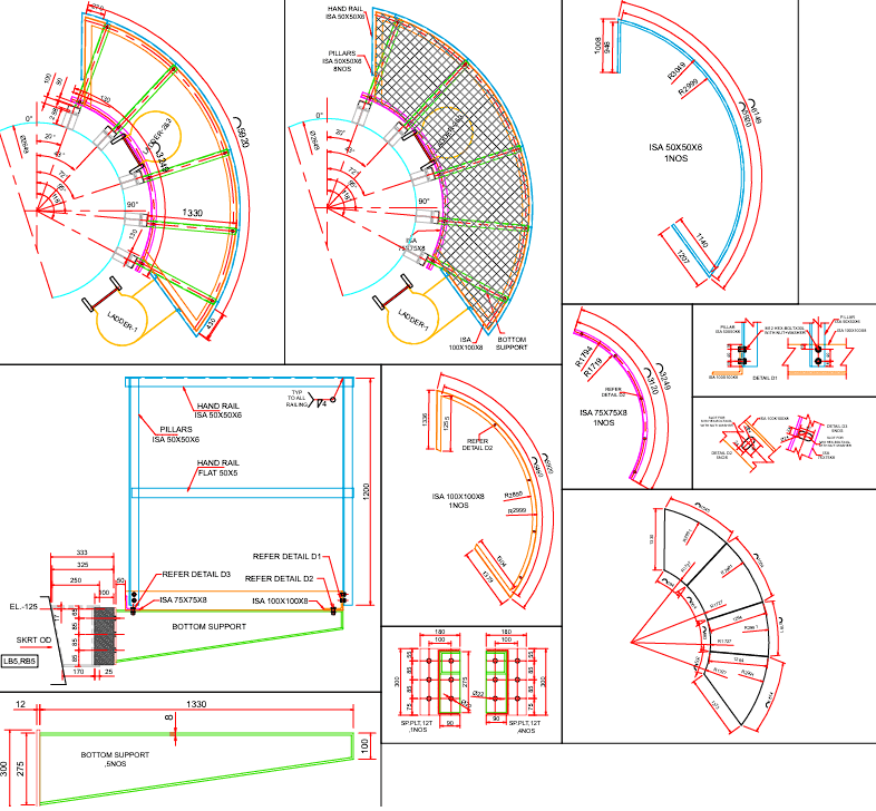 Circular Platform & Ladder Design is fabricated from IS2062-grade steel, selected for its high tensile strength, weldability, and durability. These components are subjected to hot-dip galvanization, ensuring long-lasting corrosion resistance across all weather conditions and industrial exposure.